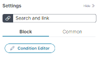 Image of the Block tab of the Settings pane for the Search and Link Quick Action block.